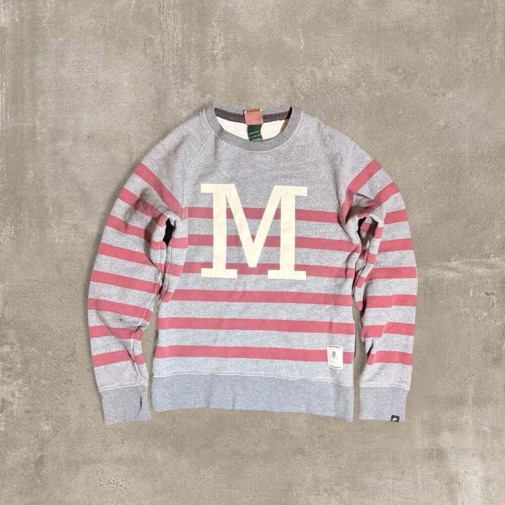 Nike Vintage Striped Crewneck Sweatshirt Gray Red Big M Elbow Patches Size S